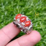 Natural Red Coral Ring, Three Stone Sterling Silver 925, Hand-Engraved Jewelry Gift