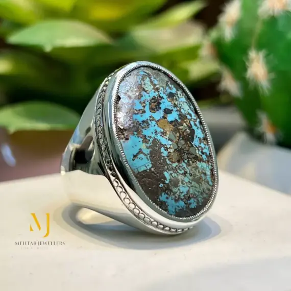 Natural Turquoise Sterling Silver 925 Ring For Men -Special Ring - Feroza Ring.