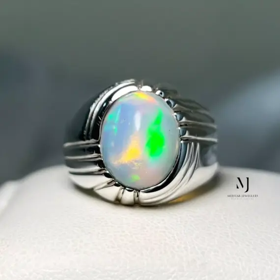 Natural Ethiopian Opal Sterling Silver 925 Handmade Ring For Men - October Gem
