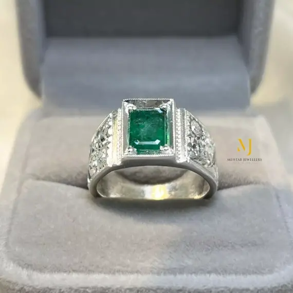 Natural Emerald Sterling Silver Handmade Hand-Engraved Ring - May Birthstone