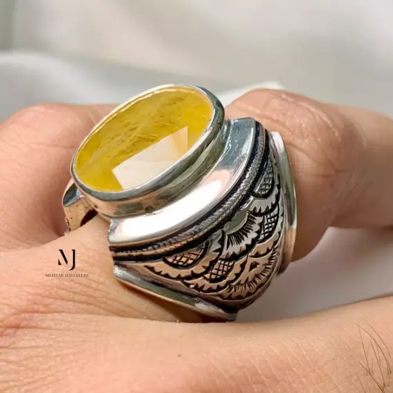 Sapphire Ring - Natural Yellow Sapphire Sterling Silver Ring - HandEngraved Ring