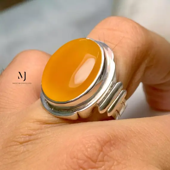 Agate Ring - Natural Yellow Agate Sterling Silver Handmade Ring - Ring For Men