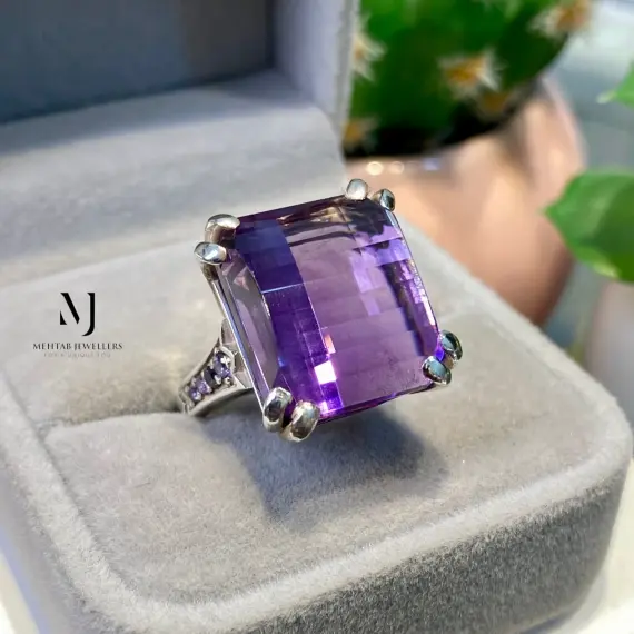 Natural Amethyst Ring Sterling Silver • Pixel Cut Amethyst & CZ Handmade Jewelry