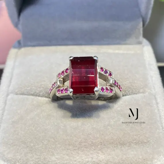 Natural Garnet Ring Sterling Silver • Pixel Cut Garnet & CZ Handmade Womens Ring