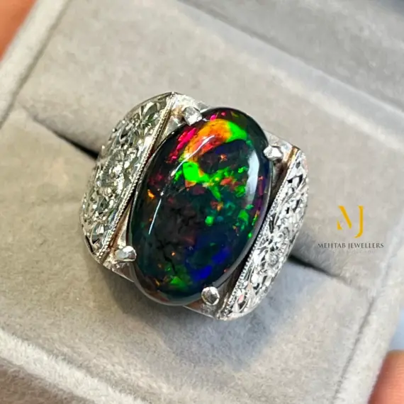 Natural Ethiopian Black Opal Ring | Sterling Silver Handmade Hand-Engraved Ring