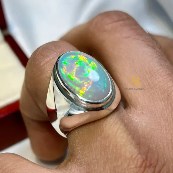 Natural Ethiopian Opal Ring 925 Sterling Silver Handmade Cabochon Multi-Fire Gem