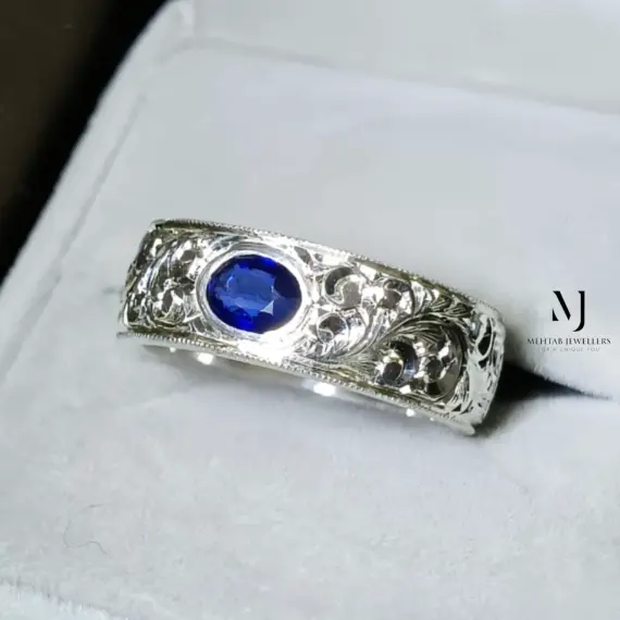 Natural Blue Sapphire Ring Sterling Silver 925 Handmade Hand-Engraved Band Ring