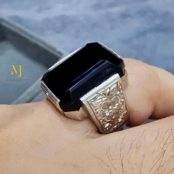 Natural Black Agate Men Ring Sterling Silver 925 Handmade Hand-Engraved Jewelry
