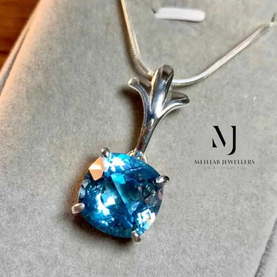 Natural Swiss Blue Topaz Pendant Sterling Silver 925 with Chain | Women’s Jewelr