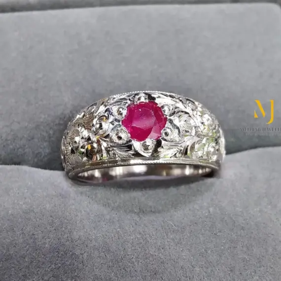 Natural Ruby Sterling Silver Ring | Hand Engraved Men’s Statement Jewelry