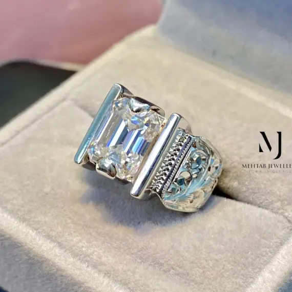Moissanite Emerald Cut Ring 4.00ct D-Color Sterling Silver 925 Hand Engraved