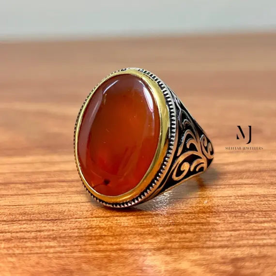 Natural Brown Agate Ring for Men in 925 Sterling Silver | Handmade Statement