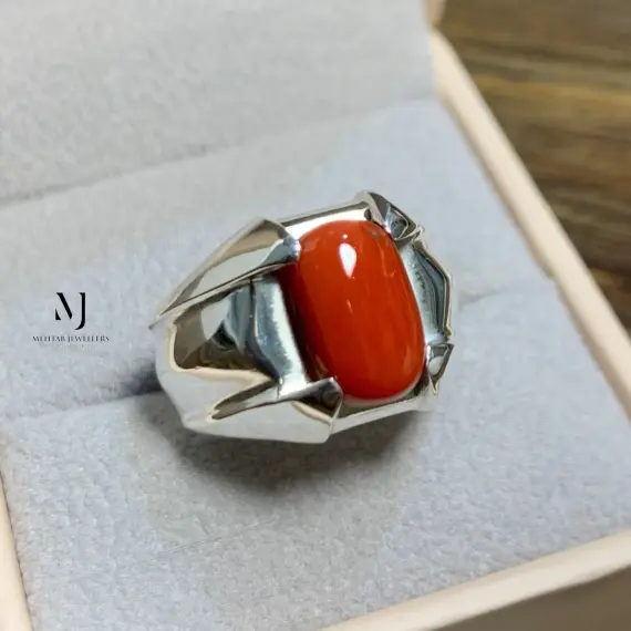 Red Coral Ring Natural Gemstone 925 Sterling Silver Handmade Statement Jewelry