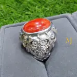 Natural Coral Ring Oval Gemstone Sterling Silver 925 Handmade Statement Jewelry