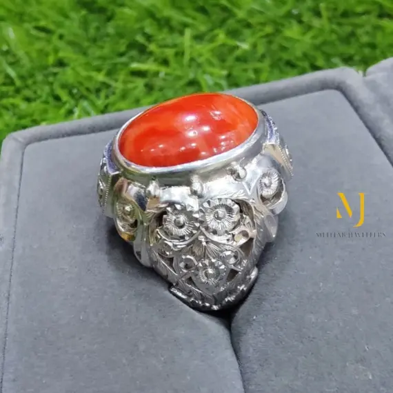 Natural Coral Ring Oval Gemstone Sterling Silver 925 Handmade Statement Jewelry