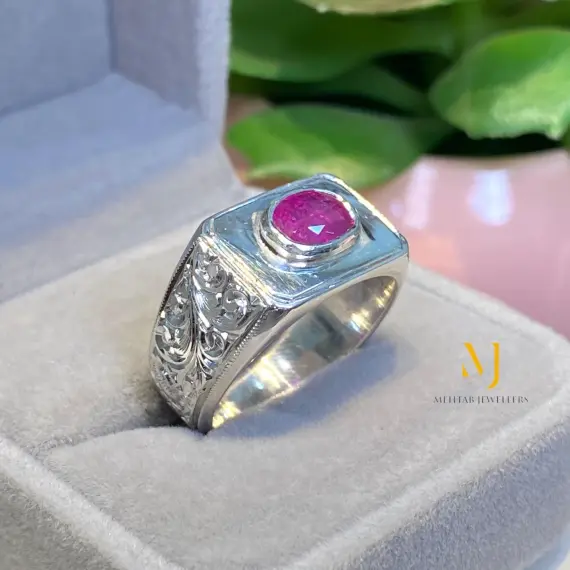 Natural Ruby Ring for Men | Hand Engraved Sterling Silver 925 Statement Jewelry