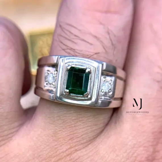 Natural Emerald Ring Sterling Silver 925 Handmade with Cubic Zirconia Accents