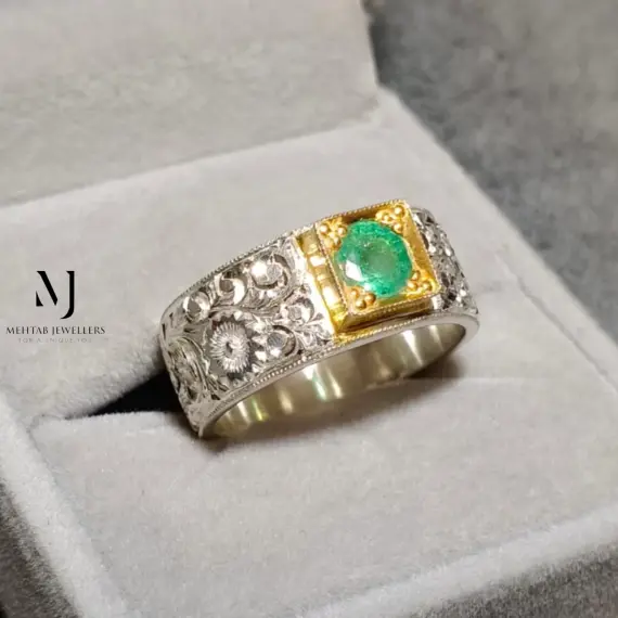 Natural Emerald Band Ring - Sterling Silver 925 Handmade Hand-Engraved Ring Gift