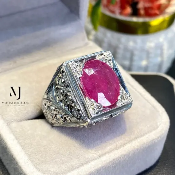 Natural Ruby Silver Ring | Hand Engraved 925 Sterling Silver Men’s Statement Jewelry