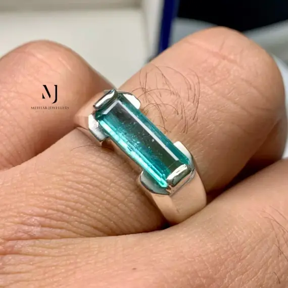 Natural Tourmaline Sterling Silver Ring - Natural Greenish Blue Tourmaline
