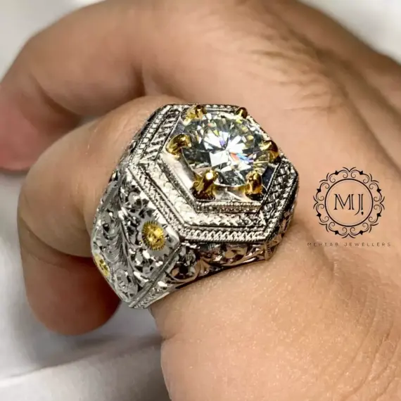 Men’s Moissanite Ring – 925 Sterling Silver – Hand-Engraved Statement Jewelry