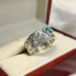 Emerald Ring - Natural Emerald Sterling Silver Handmade Hand-Engraved Band Ring