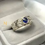 Natural Blue Sapphire Sterling 925 Handmade Hand Engraved Ring