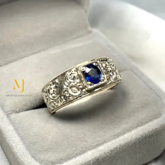 Natural Blue Sapphire Sterling 925 Handmade Hand Engraved Ring