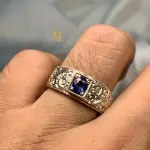 Natural Blue Sapphire Sterling 925 Handmade Hand Engraved Ring