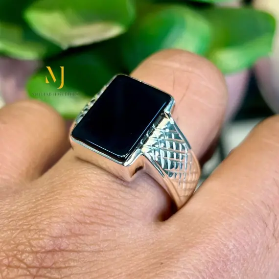 Natural Black Agate Ring - Sterling Silver Handmade Ring - Gift For Him - Rings.