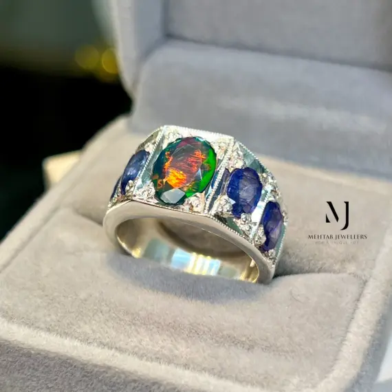Ethiopian Black Opal & Blue Sapphire Ring 925 Sterling Silver Handmade Jewelry