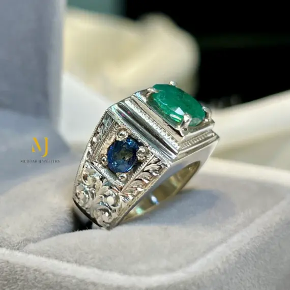 Emerald & Sapphire Ring in 925 Silver | Handmade Luxury Statement Jewelry