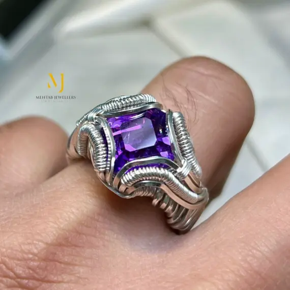 Amethyst Ring 925 Sterling Silver Asscher Cut Wire Wrapped Handmade Jewelry