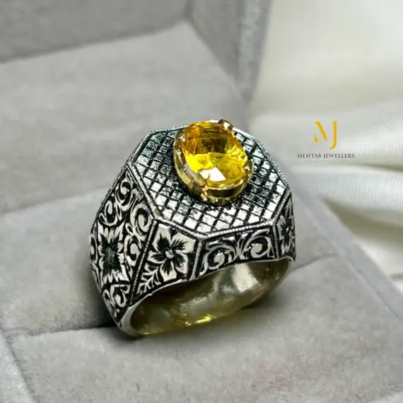 Natural Yellow Sapphire Ring in 925 Sterling Silver | Handmade Engraved Jewelry