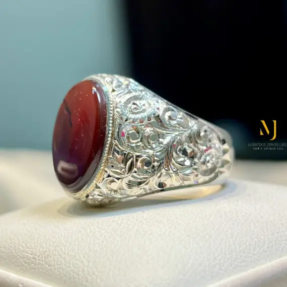 Natural Brown Agate Ring in 925 Sterling Silver | Handmade Engraved Men's Ring