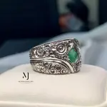 Natural Emerald Ring Band Sterling Silver 925 Handmade Hand Engraved Ring.