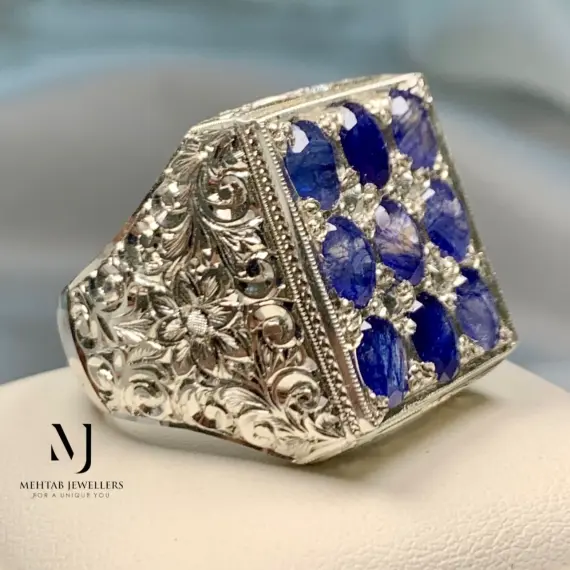 Natural Sapphire Ring - Sterling Silver 925 Handmade Hand-Engraved Ring - Gift