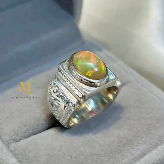Natural Ethiopian Opal Ring Sterling Silver Handmade Hand Engraved Jewelry Gift