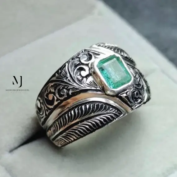 Natural Emerald Ring Sterling Silver Handmade Green Gemstone Statement Gift