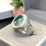 Natural Emerald Ring Sterling Silver Handmade Engraved Green Gemstone Jewelry