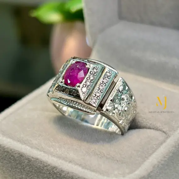 Natural Ruby Ring Sterling Silver Handmade Engraved CZ Accent 925 Jewelry