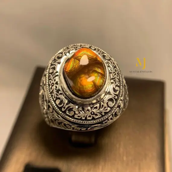 Mexican Fire Agate Ring Sterling Silver Handmade Engraved Gemstone Jewelry Gift