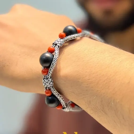 Black Onyx Coral Bracelet Sterling Silver Handmade Wire Wrapped Cuff Bracelet