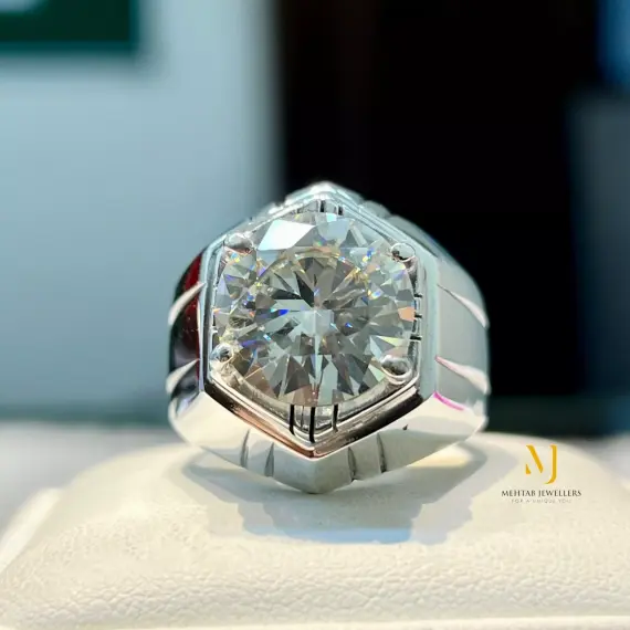 Moissanite Sterling Silver Ring For Men - Round Brilliant Cut Moissanite Ring