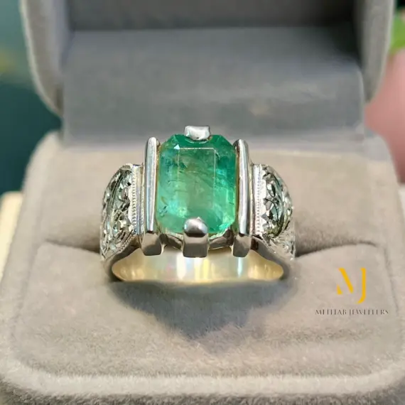 Natural Emerald Ring Sterling Silver Handmade Engraved Gemstone Jewelry Gift