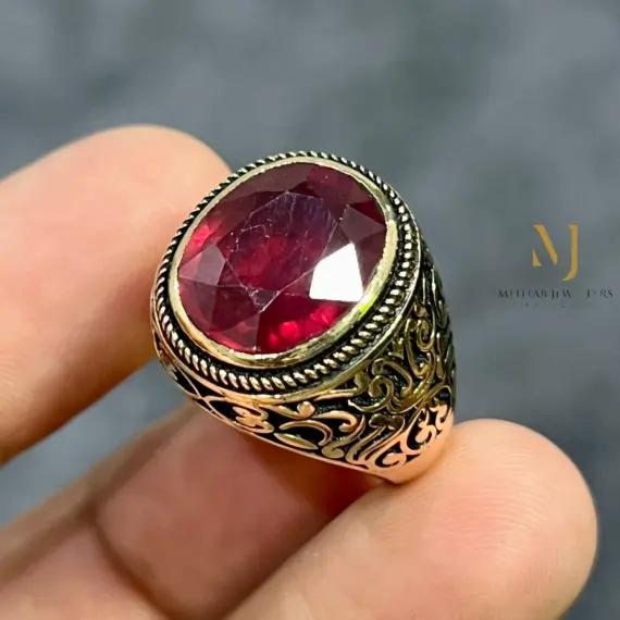 Natural Ruby Sterling Silver Ring • Gold Plated Handmade Men’s Statement Jewelry
