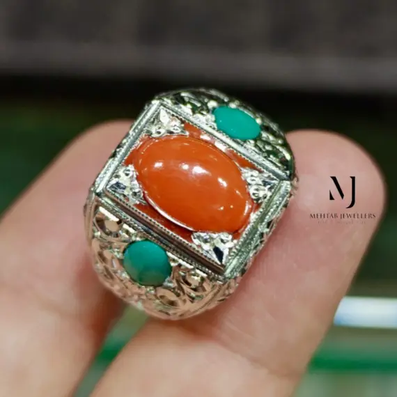 Natural Coral & Turquoise Ring • Handmade Sterling Silver 925 Statement Jewelry