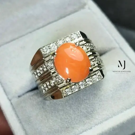 Natural Coral Ring with Cubic Zirconia • Handmade Sterling Silver 925 Men's Ring