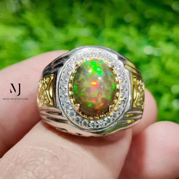 Ethiopian Black Opal Ring 925 Silver Gold Plated Cabochon Handmade Jewelry