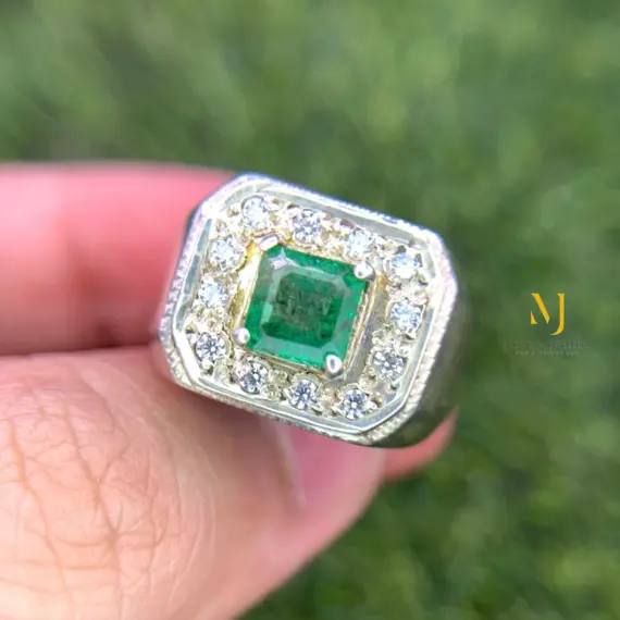 Natural Emerald Ring - Sterling Silver 925 Handmade Ring For Men May Birthstone